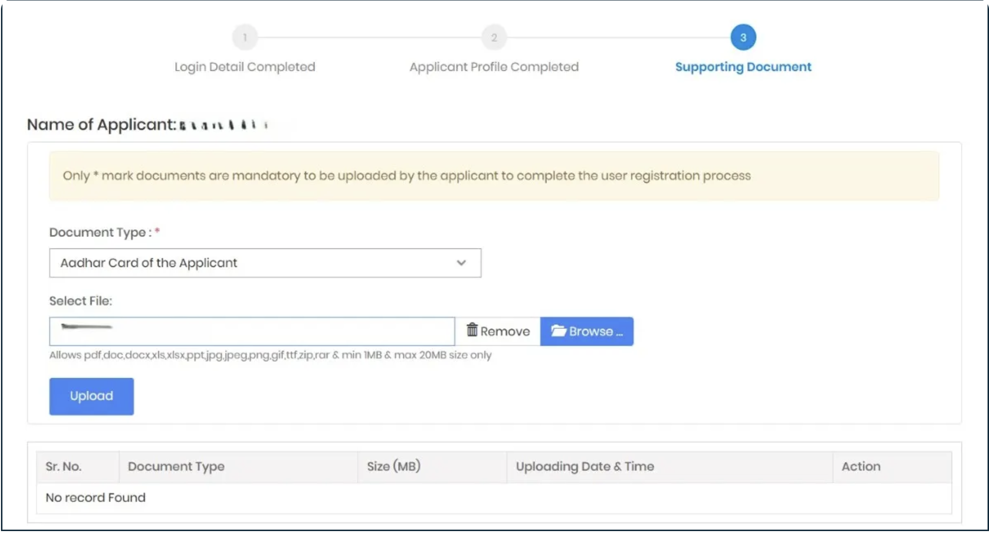 User Registration – Supporting Documents